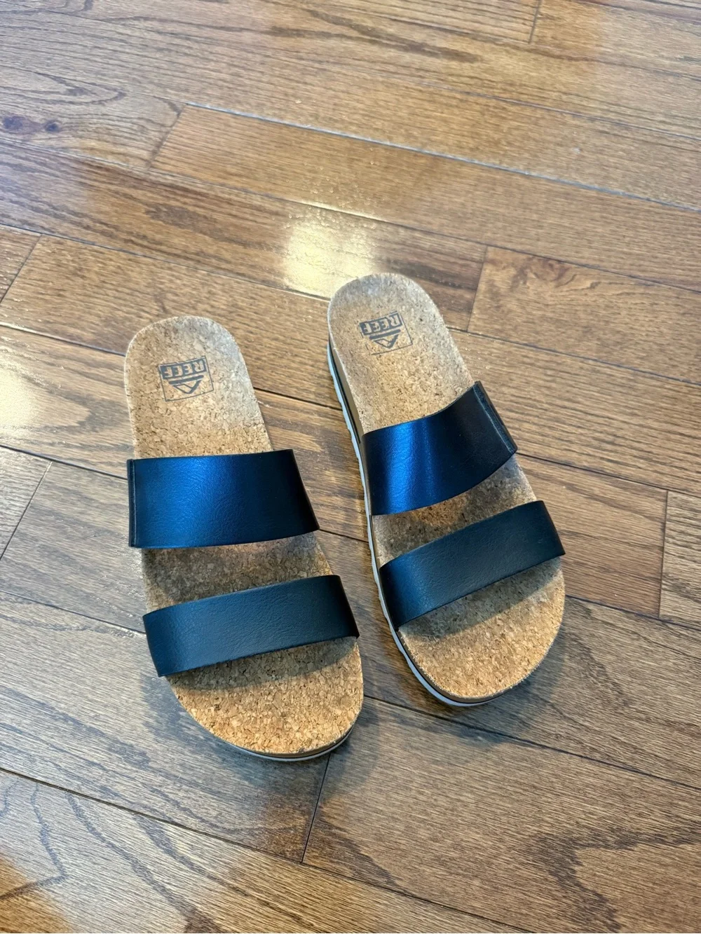 Reef Black Double-Strap Cork Slide Sandals